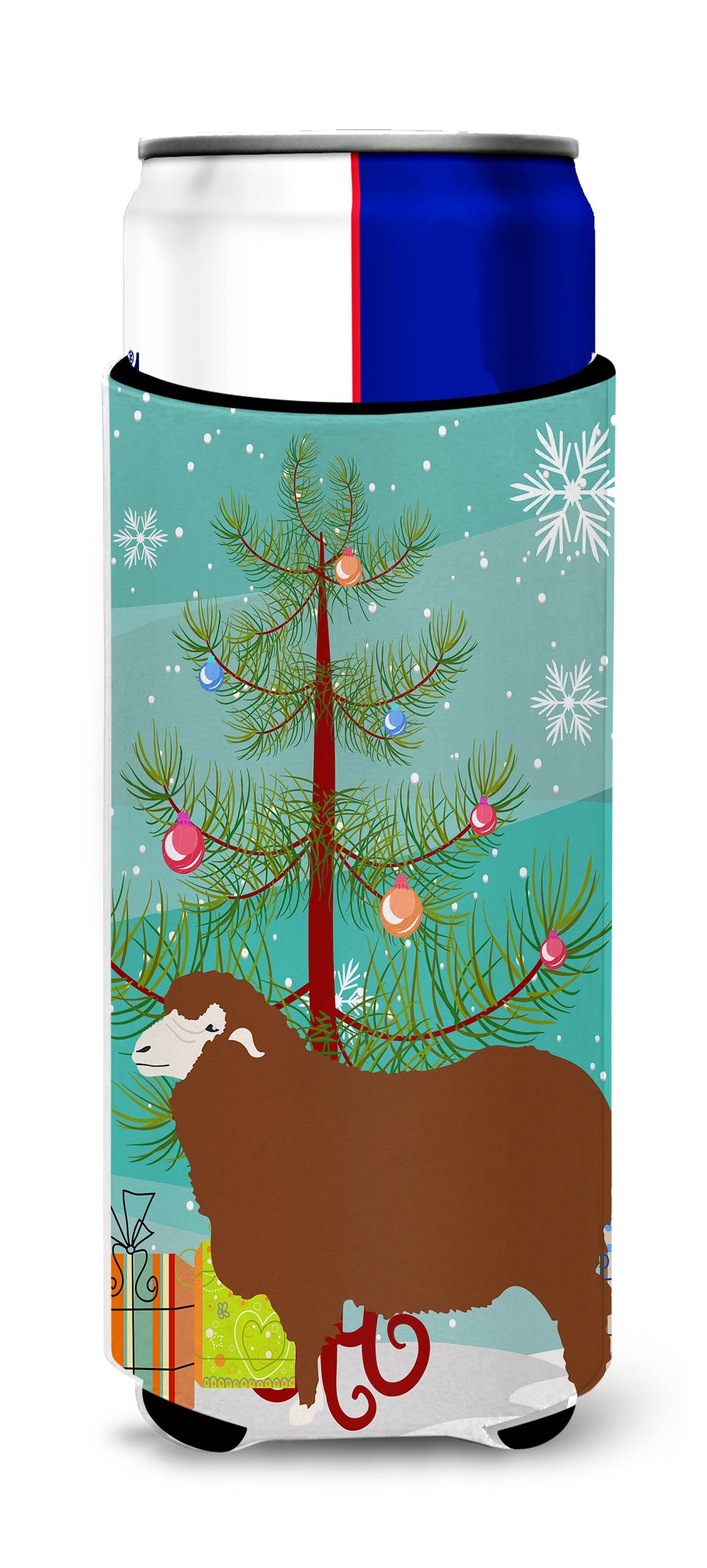 Merino Sheep Christmas Slim Can Hugger , Insulated Foam Hugger for 12 oz Slim Cans, Beer Bottles & Water Bottles, Printed in USA
