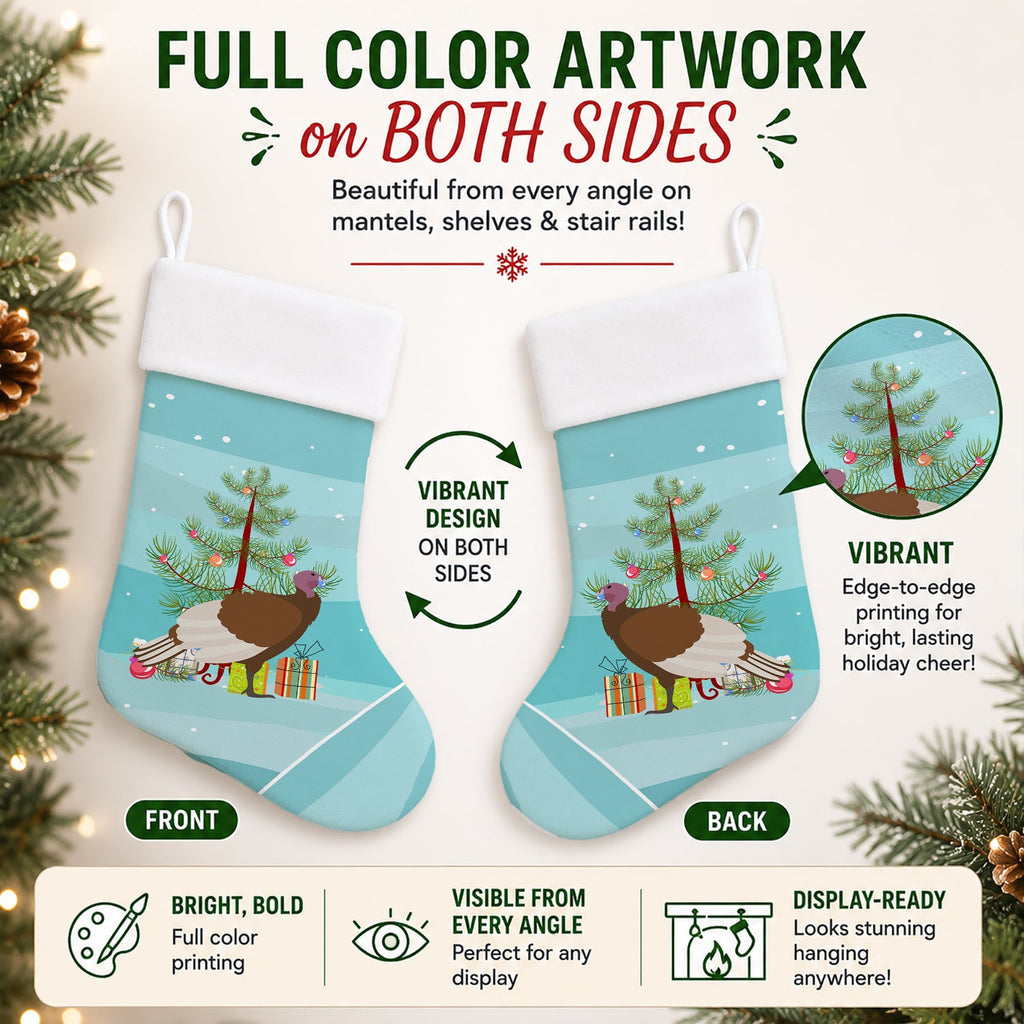 Bourbon Red Turkey Hen Christmas Holiday Stocking Double-Sided Print, Polyester Suede,11x18, Made in USA