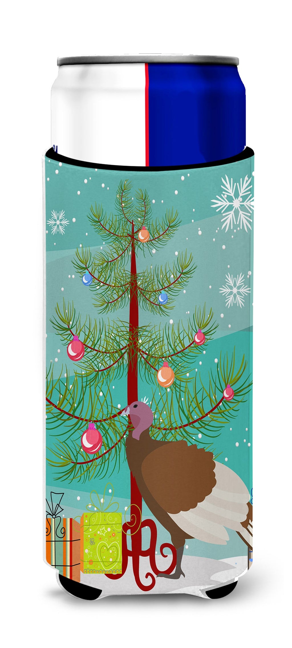Bourbon Red Turkey Hen Christmas Slim Can Hugger , Insulated Foam Hugger for 12 oz Slim Cans, Beer Bottles & Water Bottles, Printed in USA