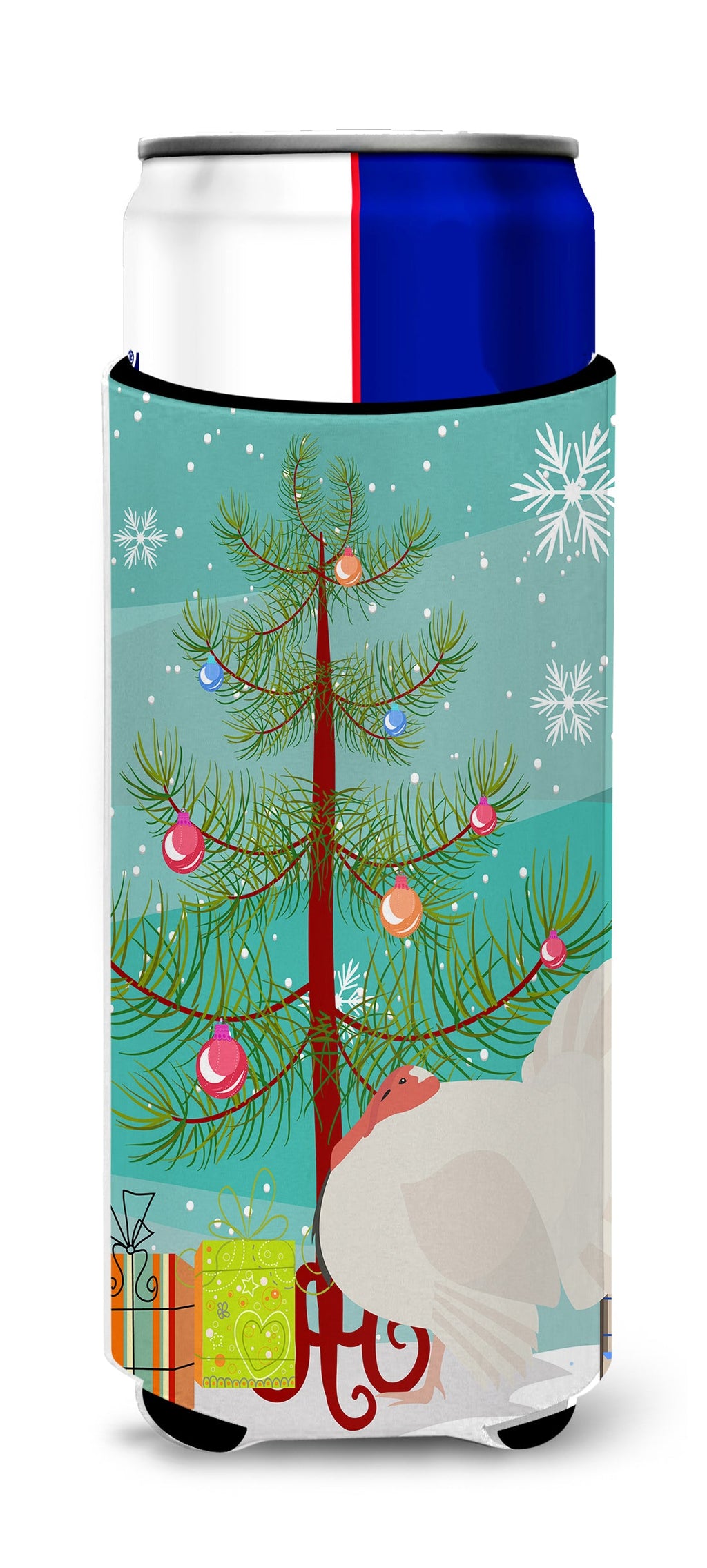 White Holland Turkey Christmas Slim Can Hugger , Insulated Foam Hugger for 12 oz Slim Cans, Beer Bottles & Water Bottles, Printed in USA
