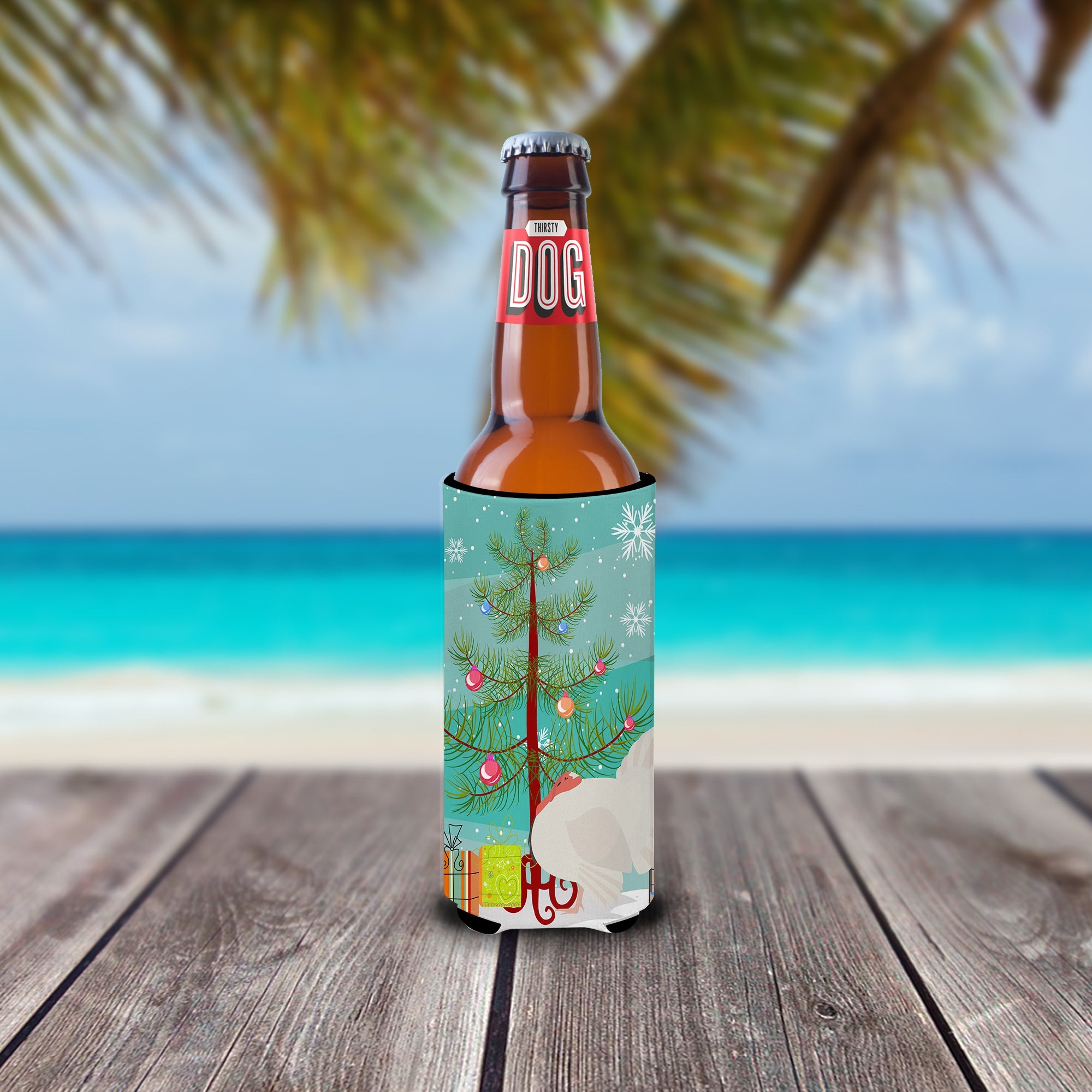 White Holland Turkey Christmas Slim Can Hugger , Insulated Foam Hugger for 12 oz Slim Cans, Beer Bottles & Water Bottles, Printed in USA