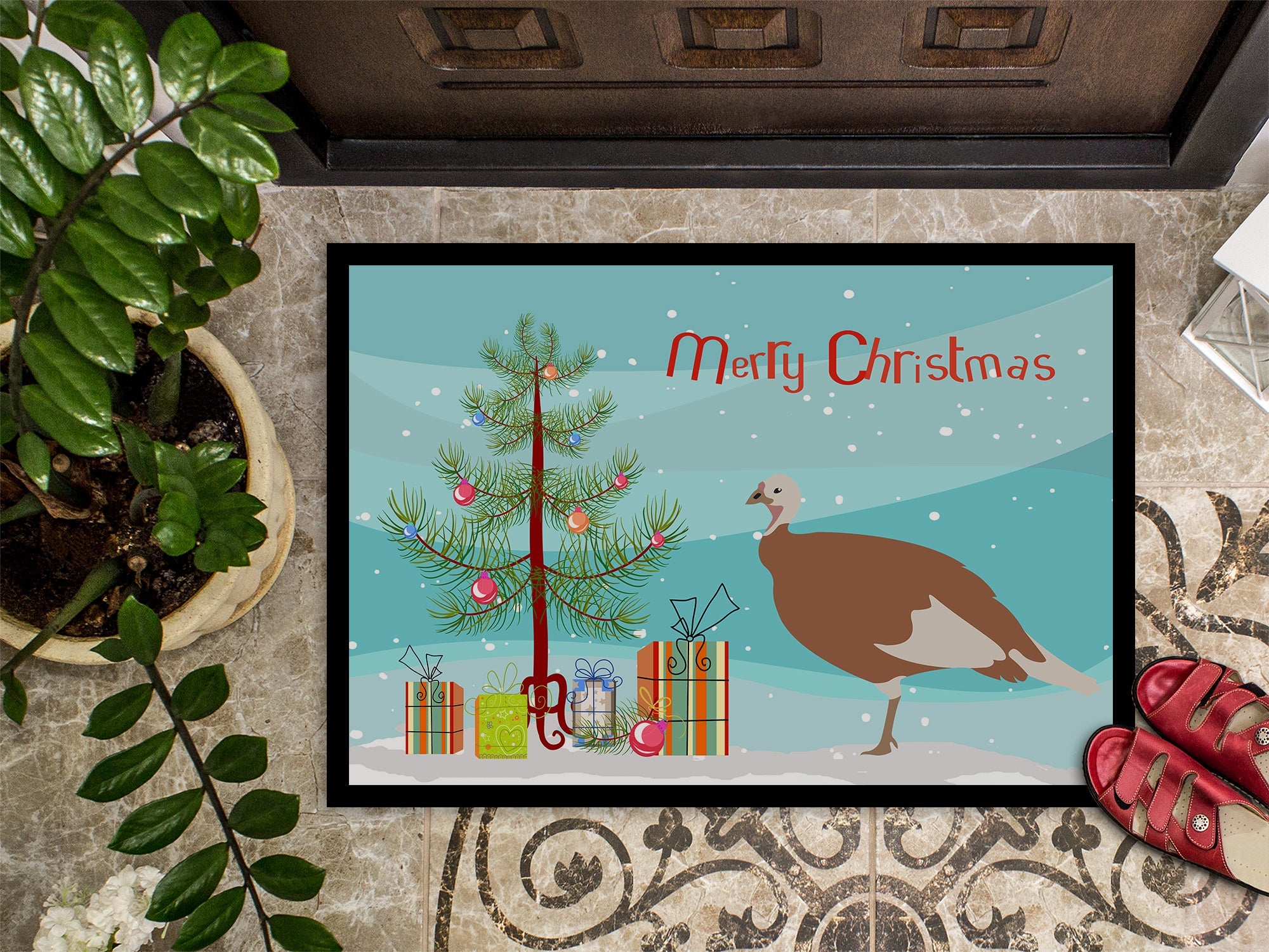 Jersey Buff Turkey Hen Christmas Doormat Indoor Outdoor 18H X 27W Front Door Mat Rugs for Entryway, Non Slip Washable