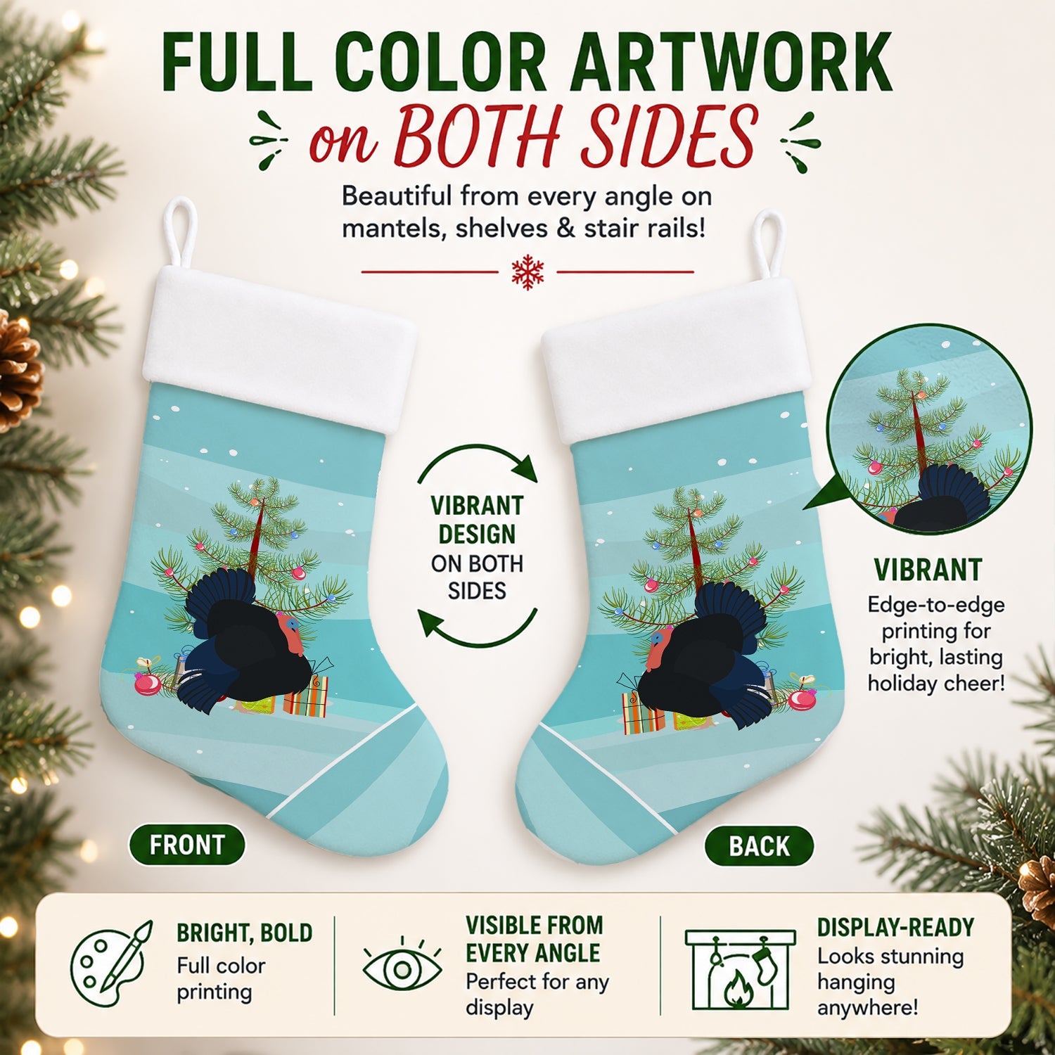 Norfolk Black Turkey Christmas Holiday Stocking Double-Sided Print, Polyester Suede,11x18, Made in USA