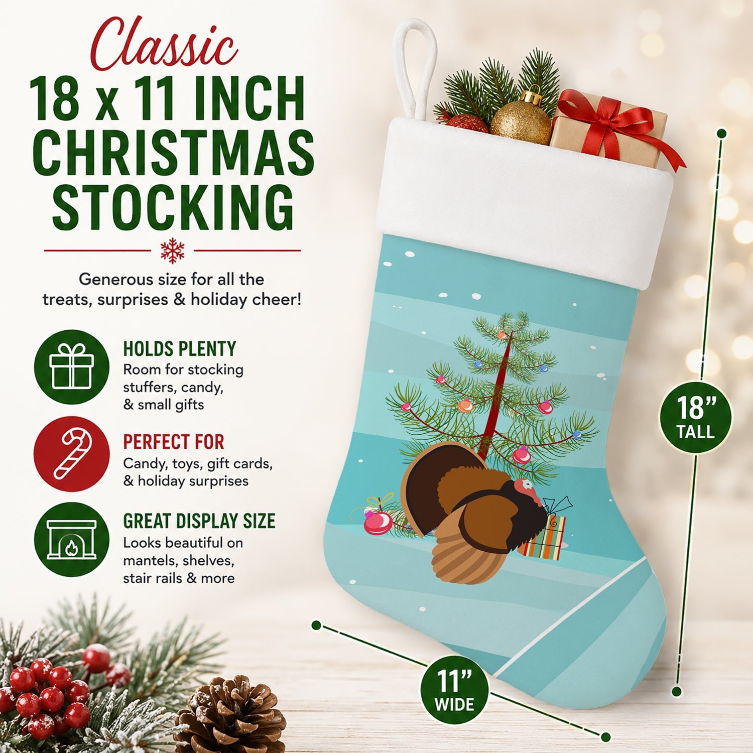 Bronze Turkey Christmas Holiday Stocking Double-Sided Print, Polyester Suede,11x18, Made in USA