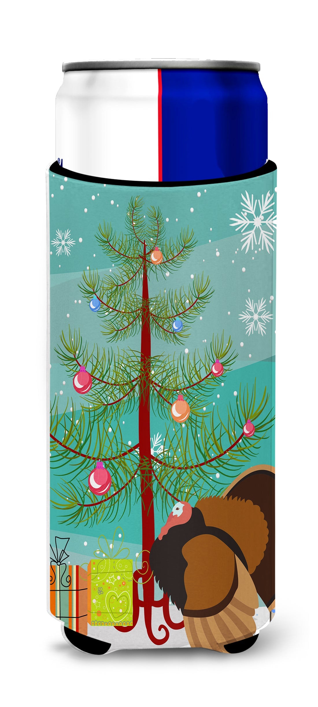Bronze Turkey Christmas Slim Can Hugger , Insulated Foam Hugger for 12 oz Slim Cans, Beer Bottles & Water Bottles, Printed in USA
