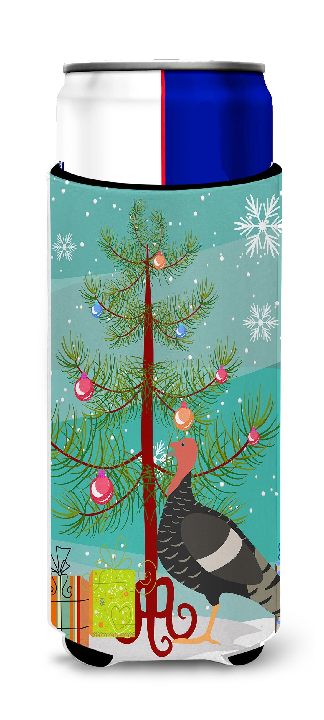 Marragansett Turkey Christmas Slim Can Hugger , Insulated Foam Hugger for 12 oz Slim Cans, Beer Bottles & Water Bottles, Printed in USA