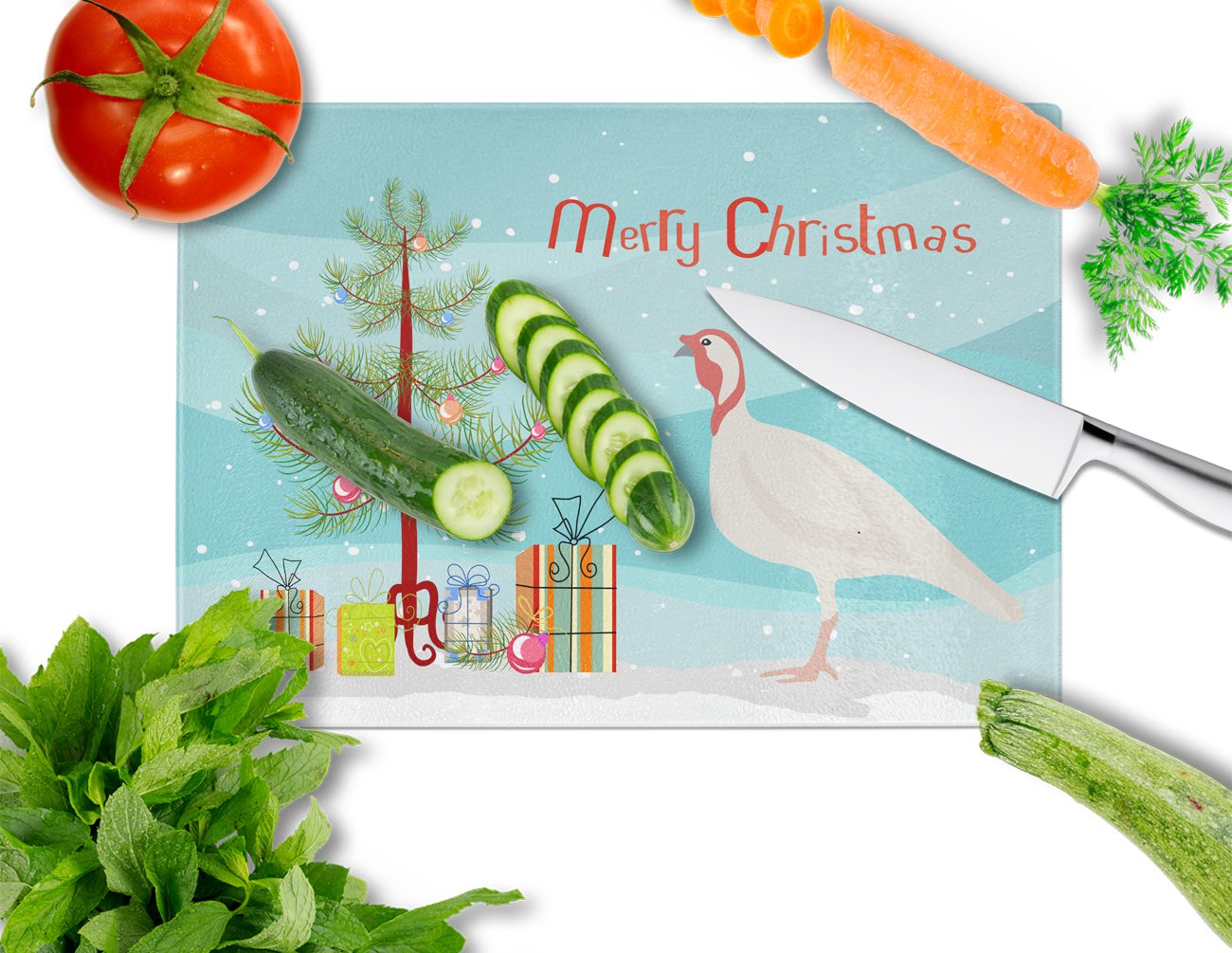 Beltsville Small White Turkey Hen Christmas Cutting Board Tempered Glass Kitchen Cutting Surface, Heat Resistant Chopping, Non-Slip Feet, Food Prep & Serving