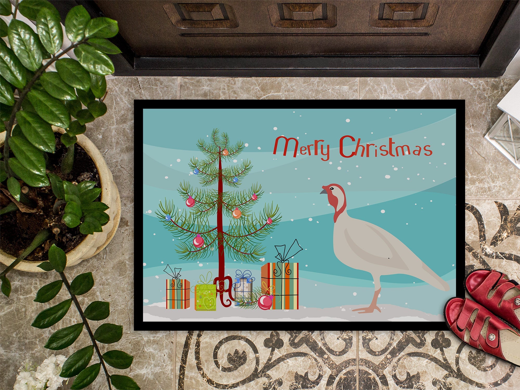 Beltsville Small White Turkey Hen Christmas Doormat Indoor Outdoor 18H X 27W Front Door Mat Rugs for Entryway, Non Slip Washable