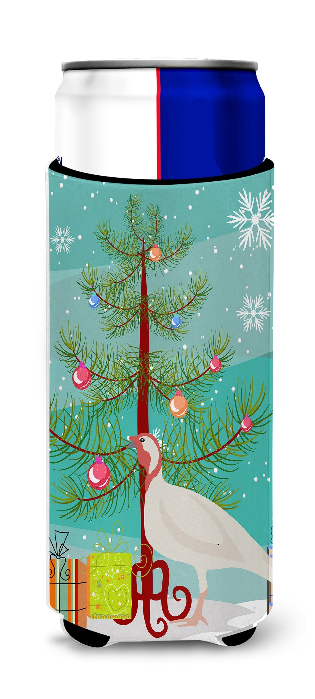 Beltsville Small White Turkey Hen Christmas Slim Can Hugger , Insulated Foam Hugger for 12 oz Slim Cans, Beer Bottles & Water Bottles, Printed in USA