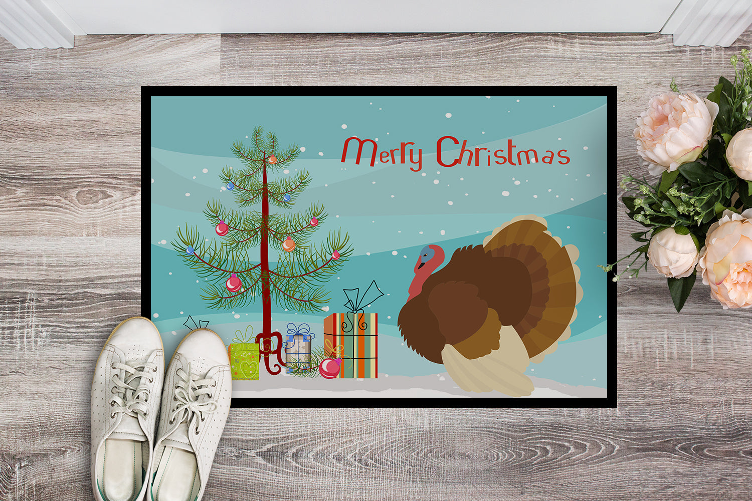 French Turkey Dindon Christmas Doormat Indoor Outdoor 24H X 36W Front Door Mat Rugs for Entryway, Non Slip Washable Low Pile,