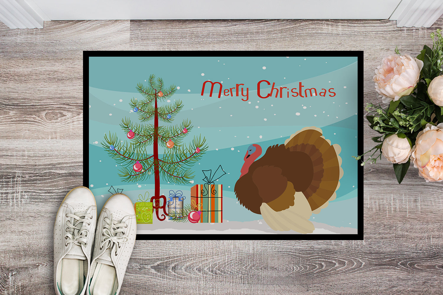 French Turkey Dindon Christmas Doormat Indoor Outdoor 18H X 27W Front Door Mat Rugs for Entryway, Non Slip Washable