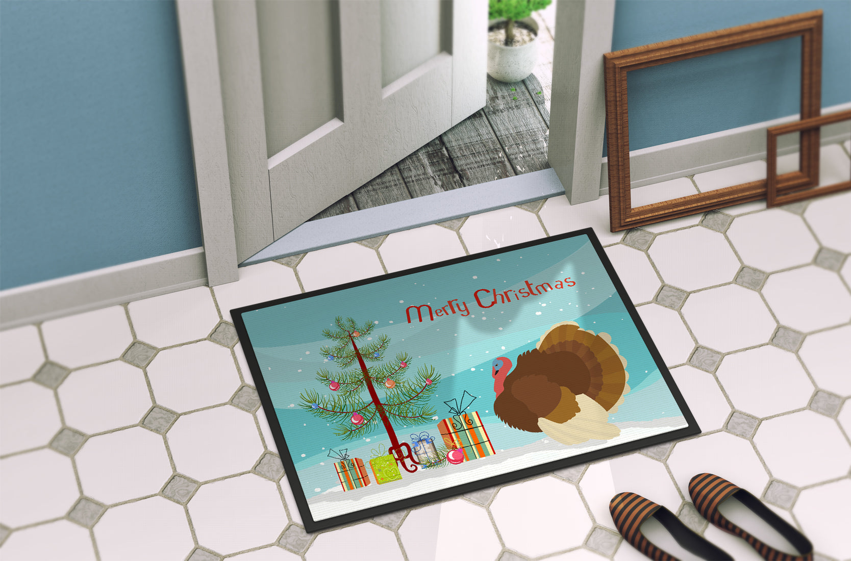 French Turkey Dindon Christmas Doormat Indoor Outdoor 18H X 27W Front Door Mat Rugs for Entryway, Non Slip Washable