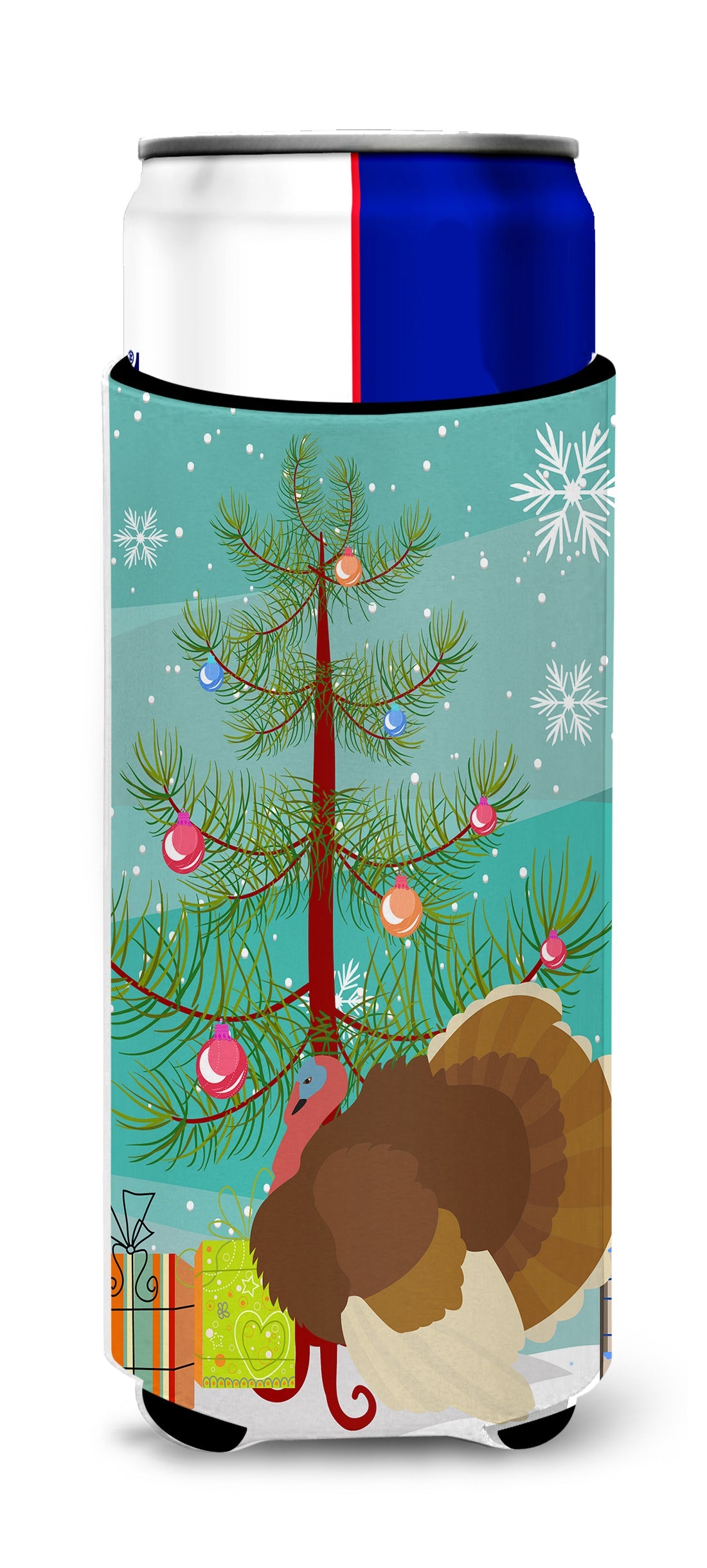 French Turkey Dindon Christmas Slim Can Hugger , Insulated Foam Hugger for 12 oz Slim Cans, Beer Bottles & Water Bottles, Printed in USA