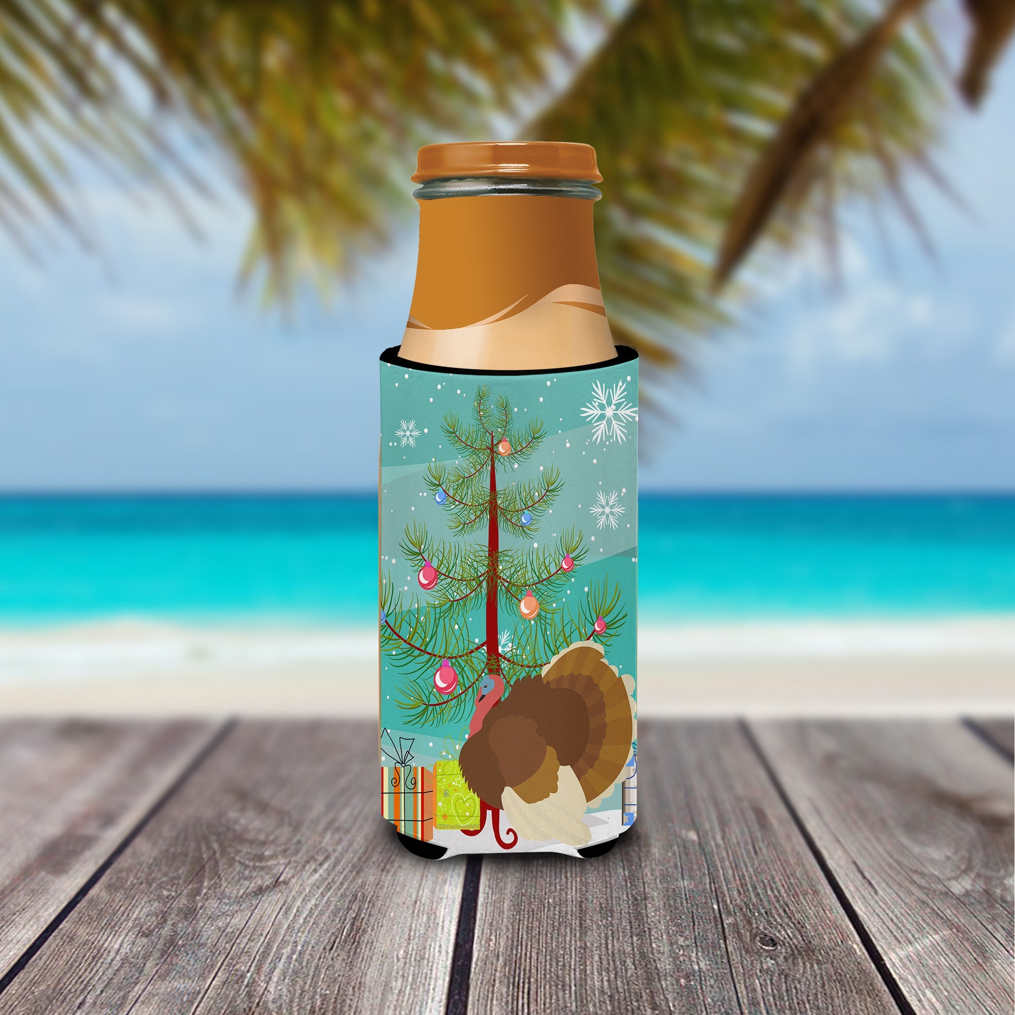 French Turkey Dindon Christmas Slim Can Hugger , Insulated Foam Hugger for 12 oz Slim Cans, Beer Bottles & Water Bottles, Printed in USA