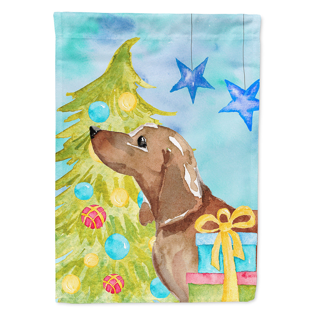 Red Tan Dachshund Christmas House Flag 28x40 Porch Sleeve Pole Decorative Outside Yard Banner Artwork Wall Hanging, Polyester