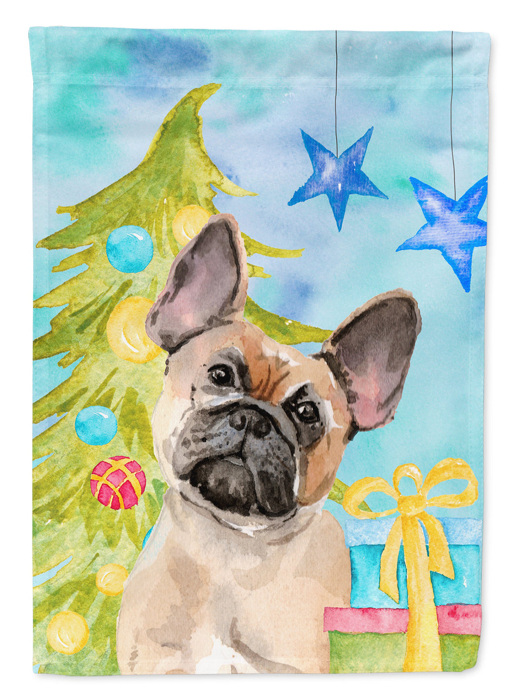 Fawn French Bulldog Christmas House Flag 28x40 Porch Sleeve Pole Decorative Outside Yard Banner Artwork Wall Hanging, Polyester