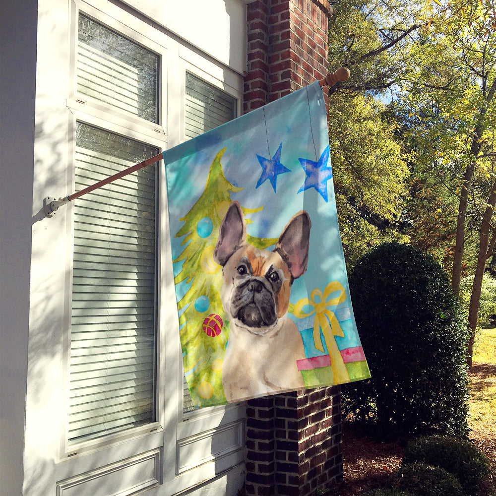 Fawn French Bulldog Christmas House Flag 28x40 Porch Sleeve Pole Decorative Outside Yard Banner Artwork Wall Hanging, Polyester