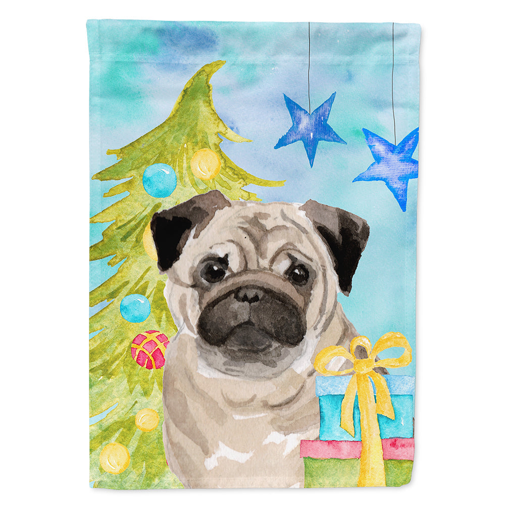 Fawn Pug Christmas House Flag 28x40 Porch Sleeve Pole Decorative Outside Yard Banner Artwork Wall Hanging, Polyester