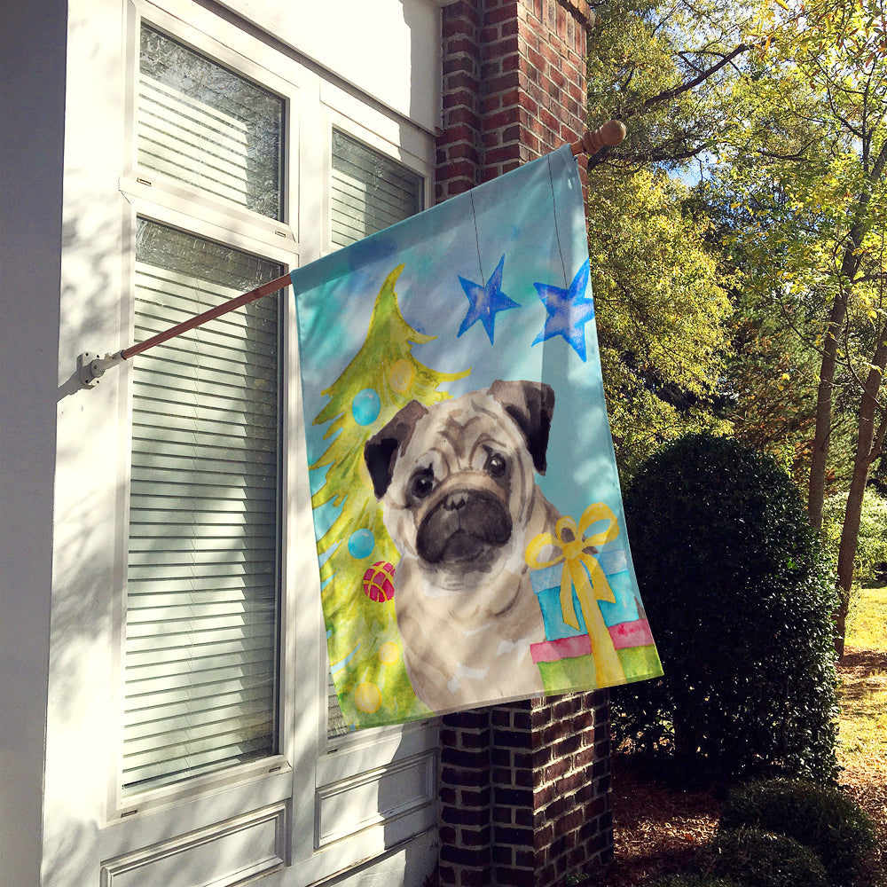 Fawn Pug Christmas House Flag 28x40 Porch Sleeve Pole Decorative Outside Yard Banner Artwork Wall Hanging, Polyester