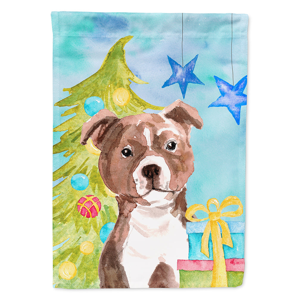 Red Staffie Bull Terrier Christmas House Flag 28x40 Porch Sleeve Pole Decorative Outside Yard Banner Artwork Wall Hanging, Polyester
