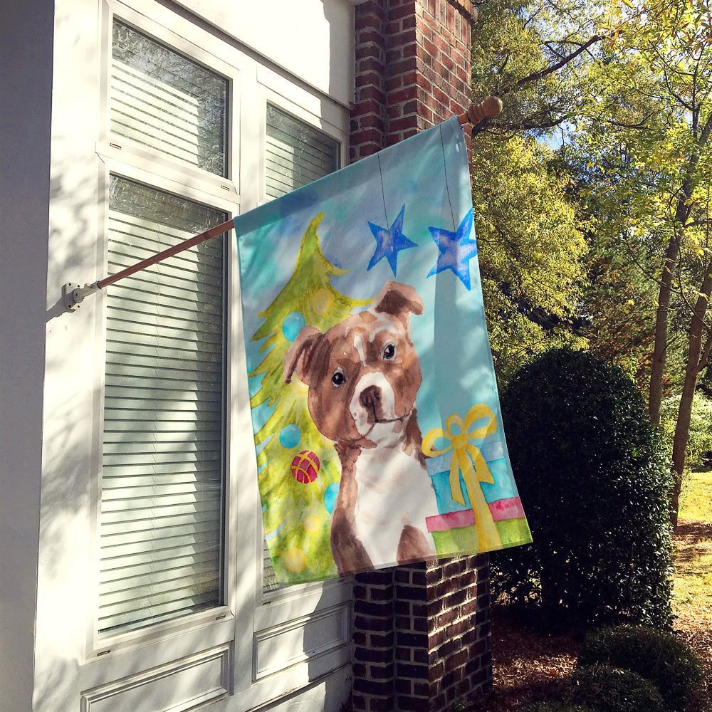 Red Staffie Bull Terrier Christmas House Flag 28x40 Porch Sleeve Pole Decorative Outside Yard Banner Artwork Wall Hanging, Polyester