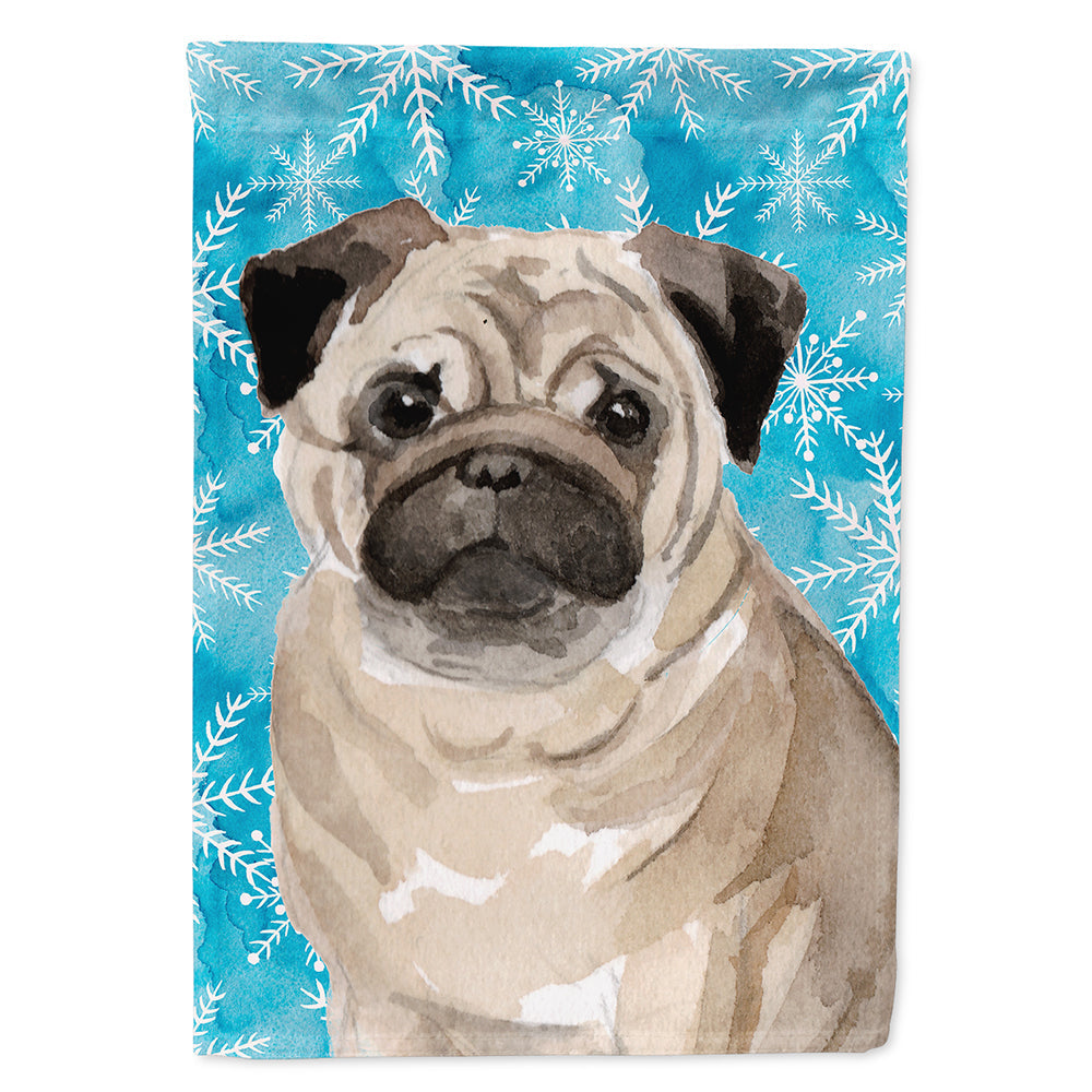 Fawn Pug Winter House Flag 28x40 Porch Sleeve Pole Decorative Outside Yard Banner Artwork Wall Hanging, Polyester
