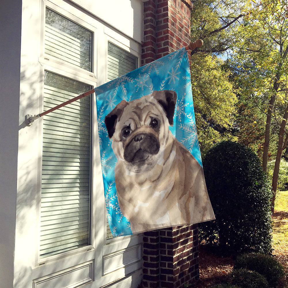Fawn Pug Winter House Flag 28x40 Porch Sleeve Pole Decorative Outside Yard Banner Artwork Wall Hanging, Polyester