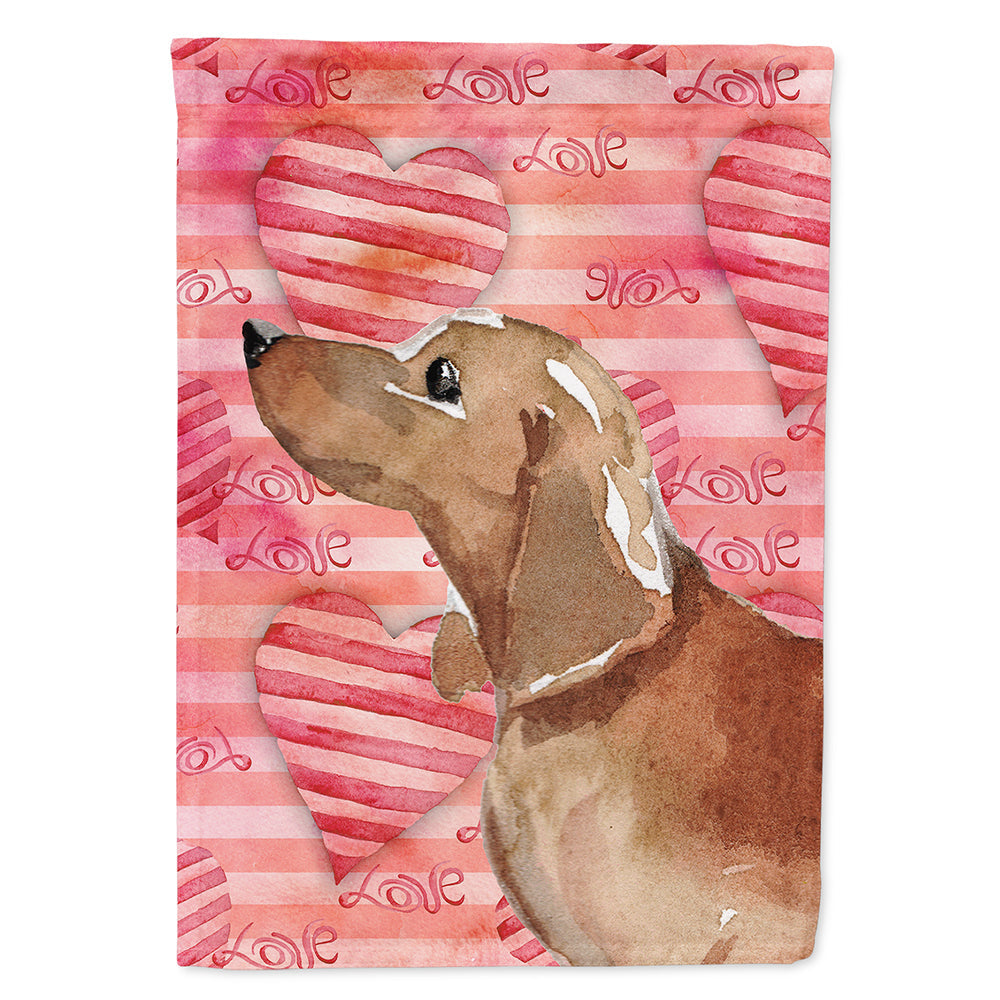 Red Tan Dachshund Love House Flag 28x40 Porch Sleeve Pole Decorative Outside Yard Banner Artwork Wall Hanging, Polyester