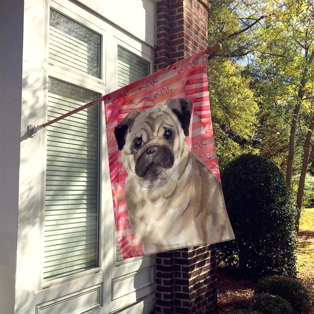 Fawn Pug Love House Flag 28x40 Porch Sleeve Pole Decorative Outside Yard Banner Artwork Wall Hanging, Polyester