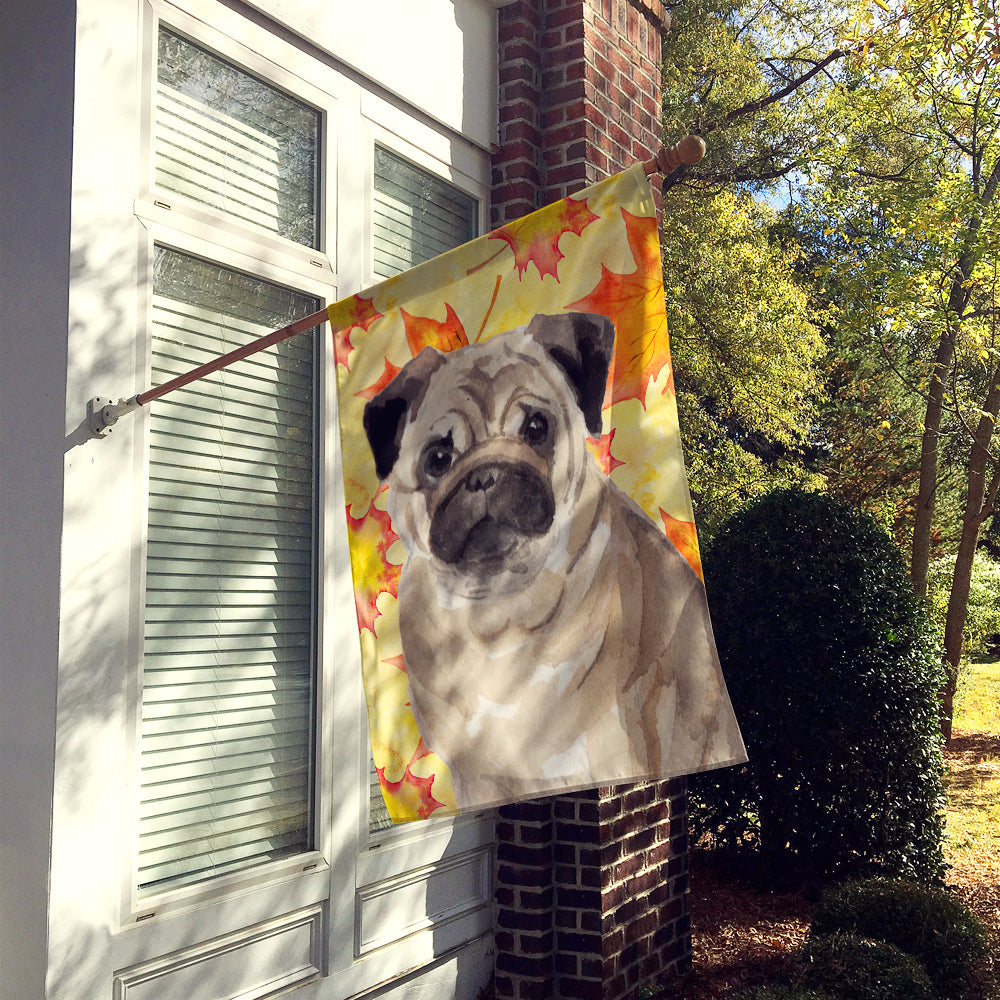 Fawn Pug Fall House Flag 28x40 Porch Sleeve Pole Decorative Outside Yard Banner Artwork Wall Hanging, Polyester