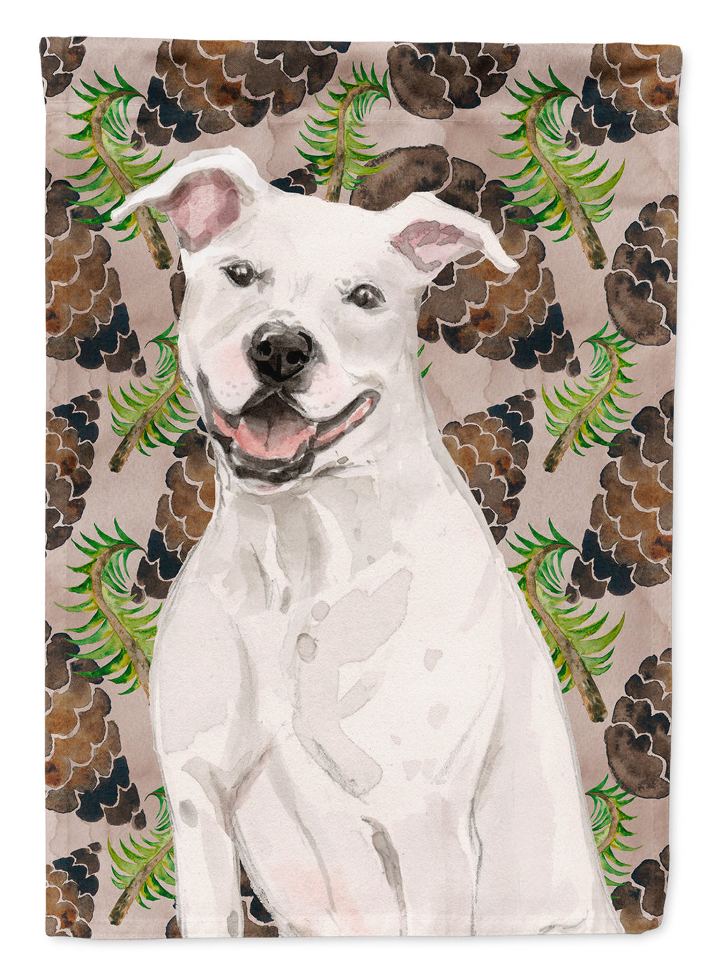 White Staffie Bull Terrier Pine Cones House Flag 28x40 Porch Sleeve Pole Decorative Outside Yard Banner Artwork Wall Hanging, Polyester