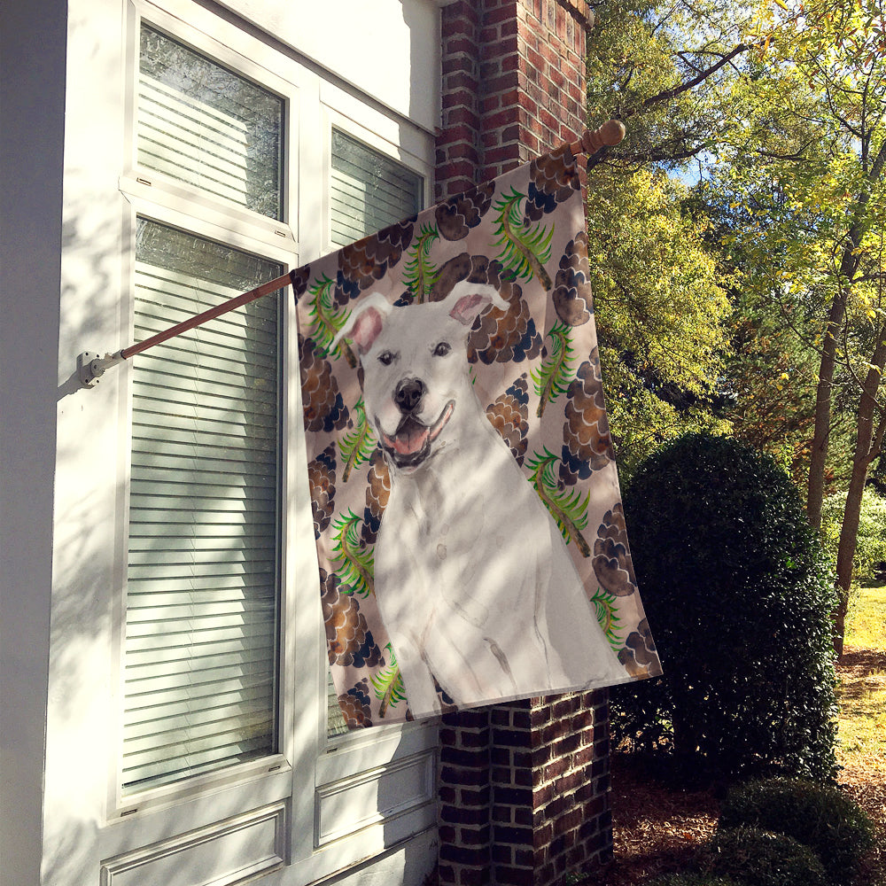 White Staffie Bull Terrier Pine Cones House Flag 28x40 Porch Sleeve Pole Decorative Outside Yard Banner Artwork Wall Hanging, Polyester