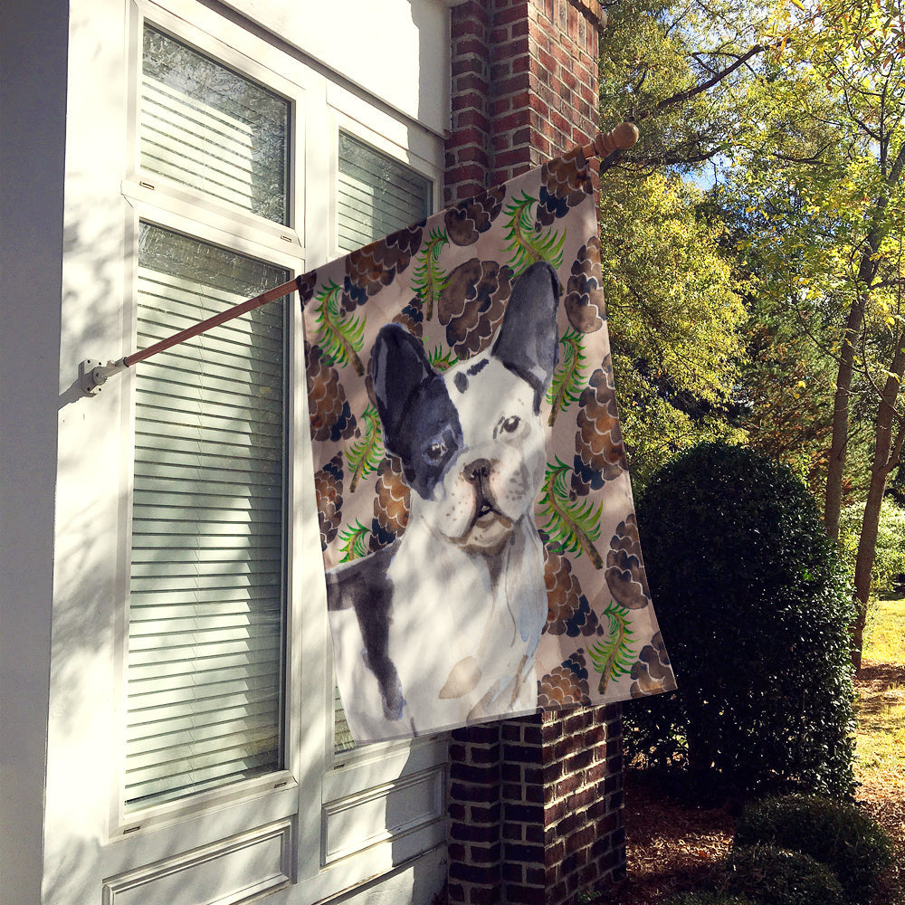 Black White French Bulldog Pine Cones House Flag 28x40 Porch Sleeve Pole Decorative Outside Yard Banner Artwork Wall Hanging, Polyester
