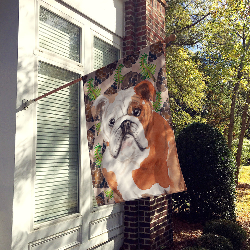 English Bulldog Pine Cones House Flag 28x40 Porch Sleeve Pole Decorative Outside Yard Banner Artwork Wall Hanging, Polyester