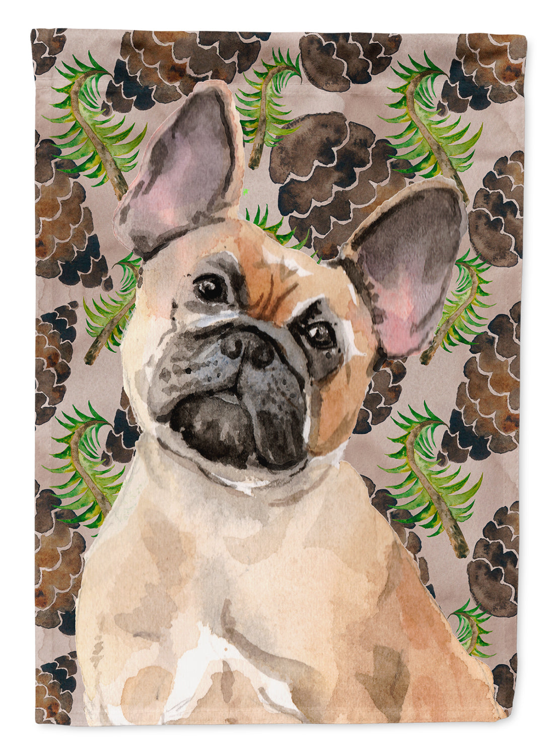 Fawn French Bulldog Pine Cones House Flag 28x40 Porch Sleeve Pole Decorative Outside Yard Banner Artwork Wall Hanging, Polyester