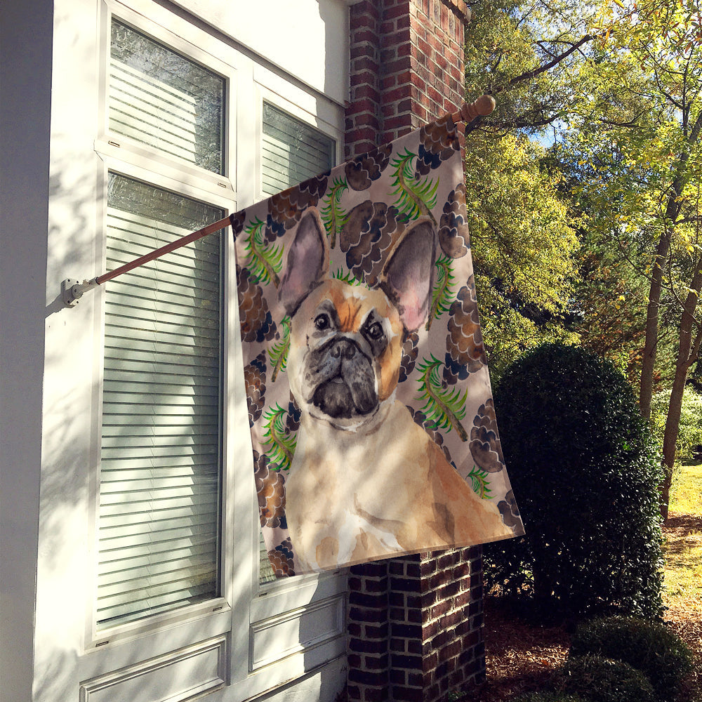 Fawn French Bulldog Pine Cones House Flag 28x40 Porch Sleeve Pole Decorative Outside Yard Banner Artwork Wall Hanging, Polyester