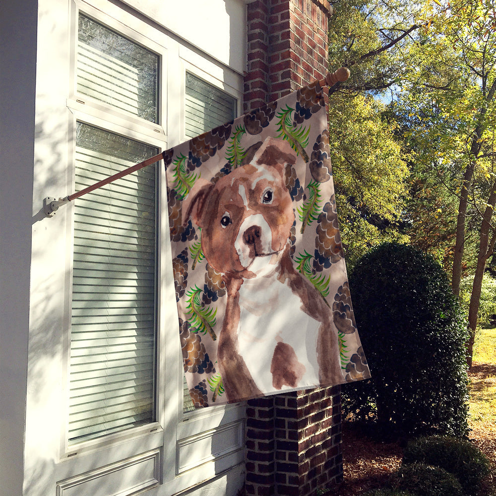 Red Staffie Bull Terrier Pine Cones House Flag 28x40 Porch Sleeve Pole Decorative Outside Yard Banner Artwork Wall Hanging, Polyester