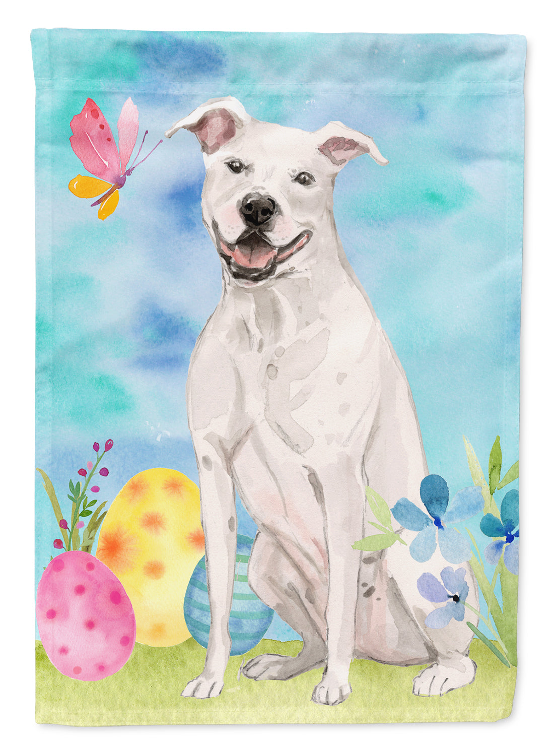 White Staffie Bull Terrier Easter House Flag 28x40 Porch Sleeve Pole Decorative Outside Yard Banner Artwork Wall Hanging, Polyester