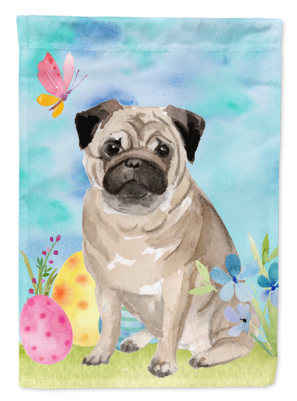Fawn Pug Easter House Flag 28x40 Porch Sleeve Pole Decorative Outside Yard Banner Artwork Wall Hanging, Polyester