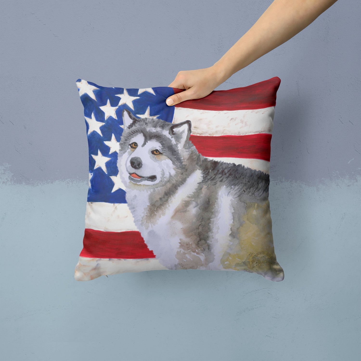 Alaskan Malamute Patriotic Decorative Throw Pillow 14x14 Indoor Outdoor Accent Cushion, Fabric Cover with Insert for Sofa, Bed, Porch & Living Room