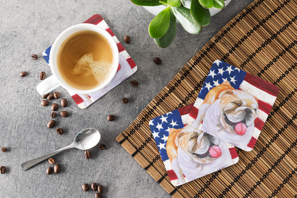 English Bulldog Patriotic Foam Coasters Set of 4 Cup Coasters for Indoor Outdoor, Tabletop Protection, Anti Slip, Mouse pad Material