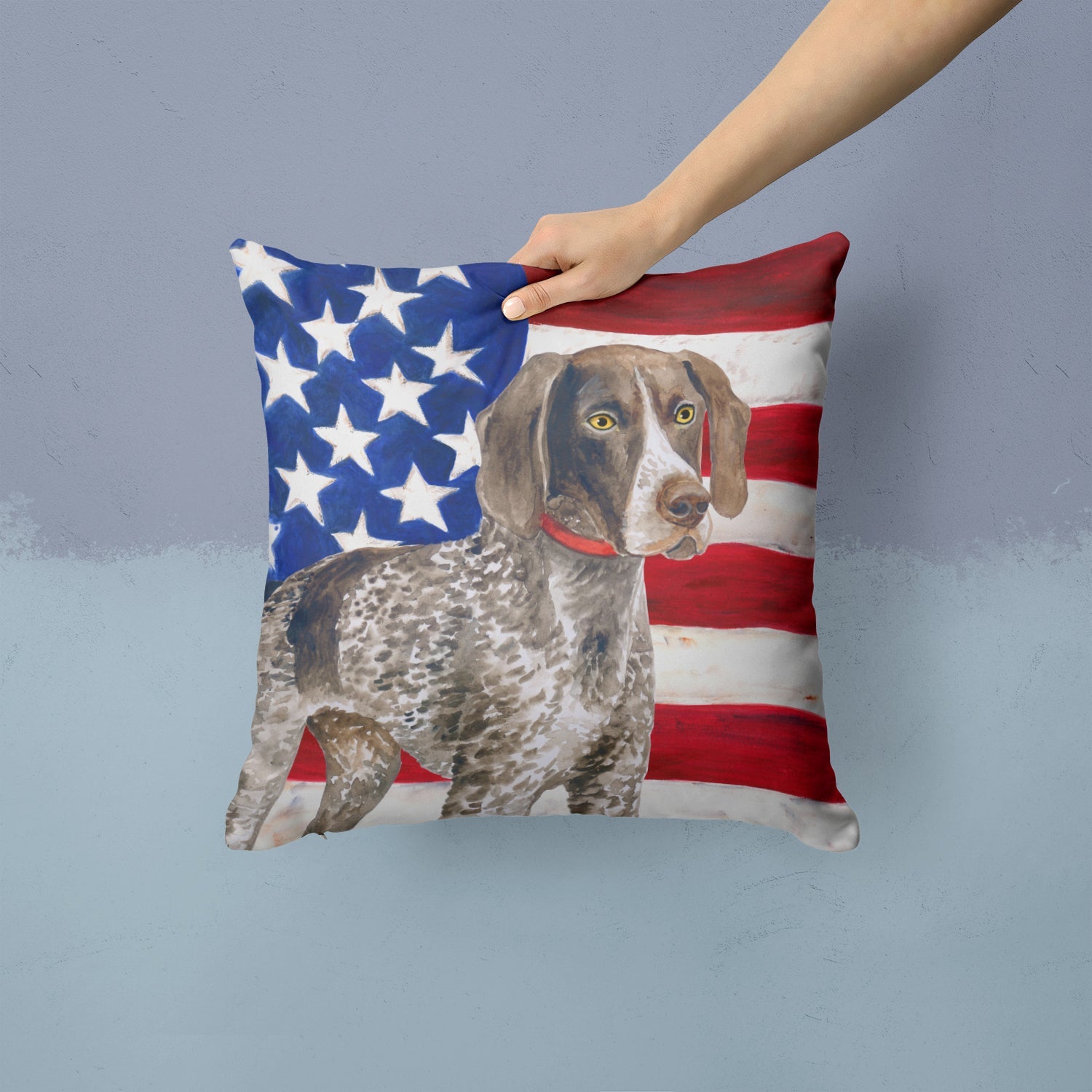 German Shorthaired Pointer Patriotic Decorative Throw Pillow 14x14 Indoor Outdoor Accent Cushion, Fabric Cover with Insert for Sofa, Bed, Porch & Living Room