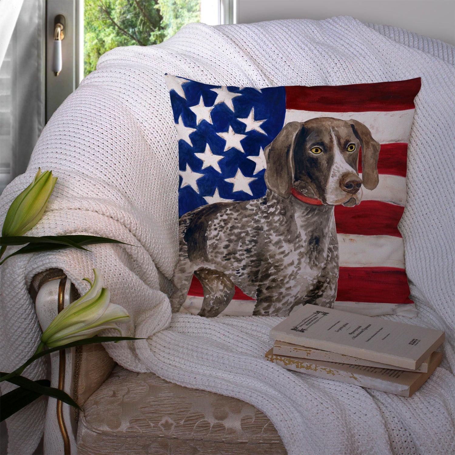 German Shorthaired Pointer Patriotic Decorative Throw Pillow 14x14 Indoor Outdoor Accent Cushion, Fabric Cover with Insert for Sofa, Bed, Porch & Living Room