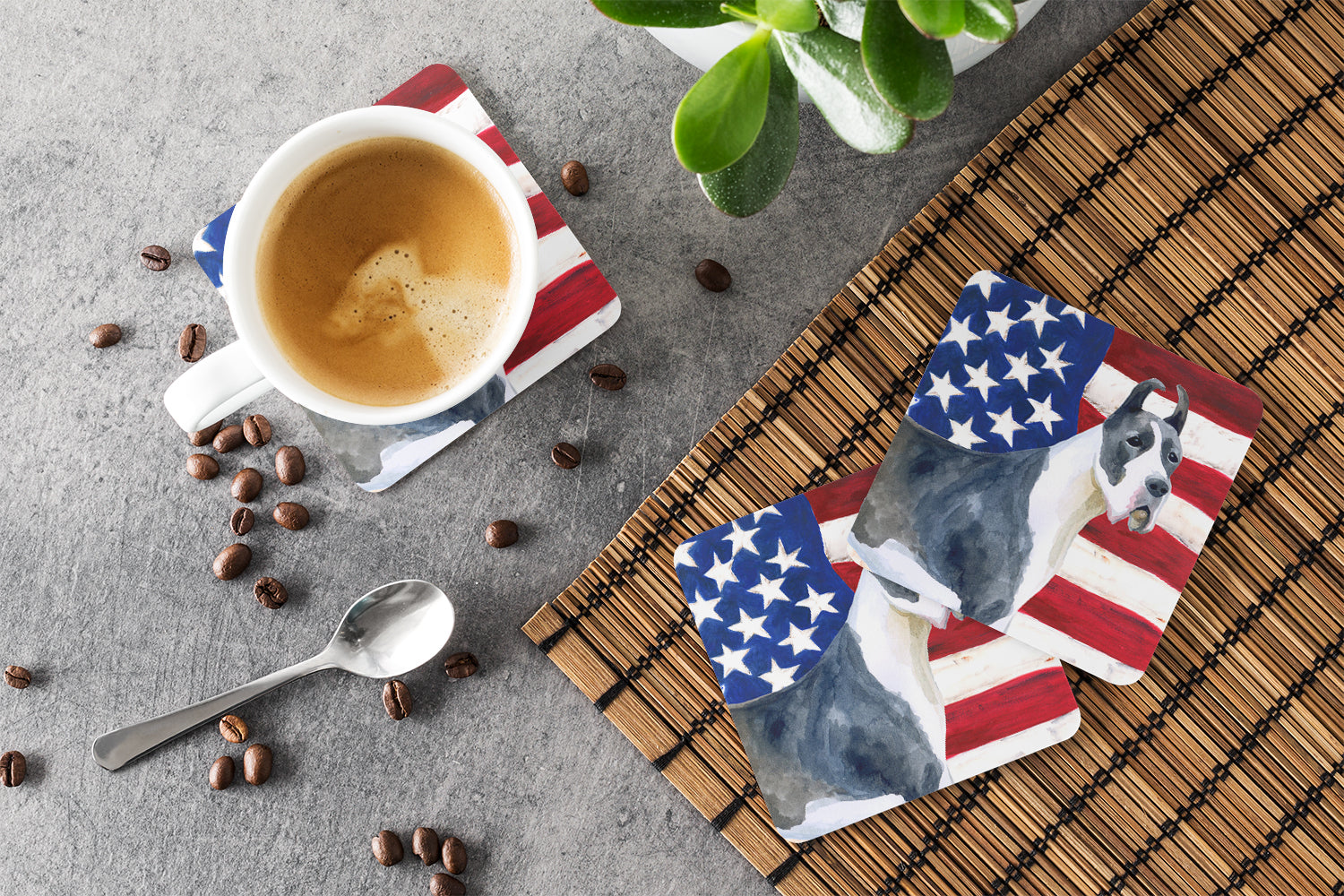 Harlequin Great Dane Patriotic Foam Coasters Set of 4 Cup Coasters for Indoor Outdoor, Tabletop Protection, Anti Slip, Mouse pad Material