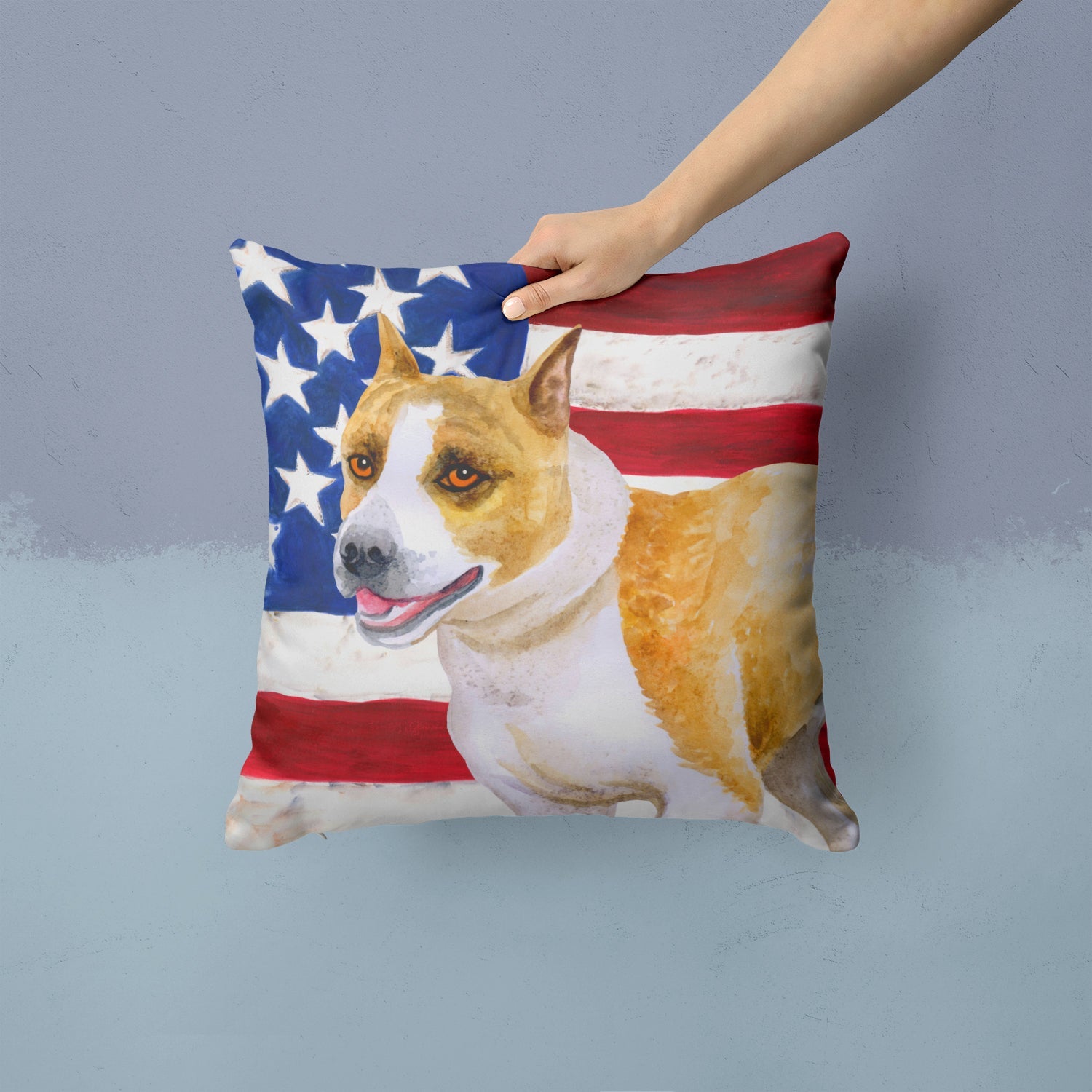 American Staffordshire Patriotic Decorative Throw Pillow 14x14 Indoor Outdoor Accent Cushion, Fabric Cover with Insert for Sofa, Bed, Porch & Living Room