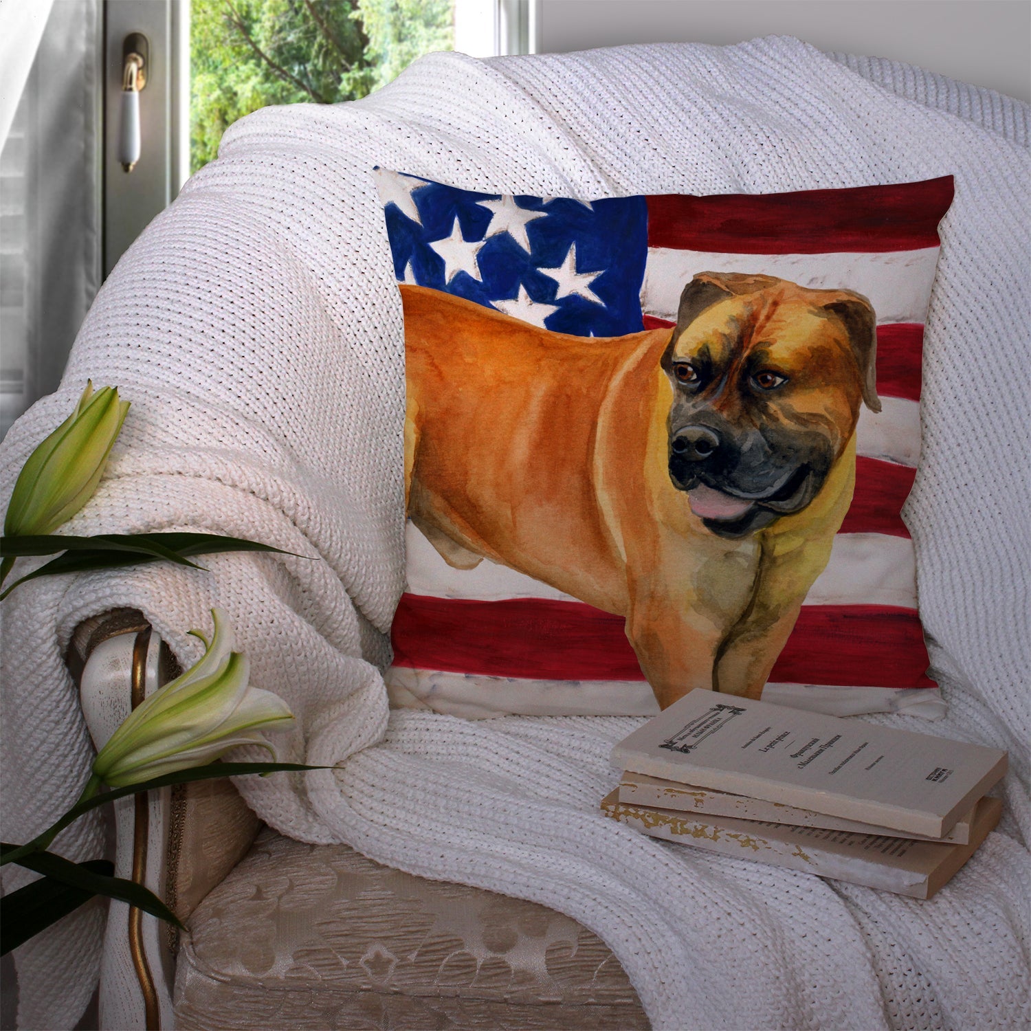 Boerboel Mastiff Patriotic Decorative Throw Pillow 14x14 Indoor Outdoor Accent Cushion, Fabric Cover with Insert for Sofa, Bed, Porch & Living Room