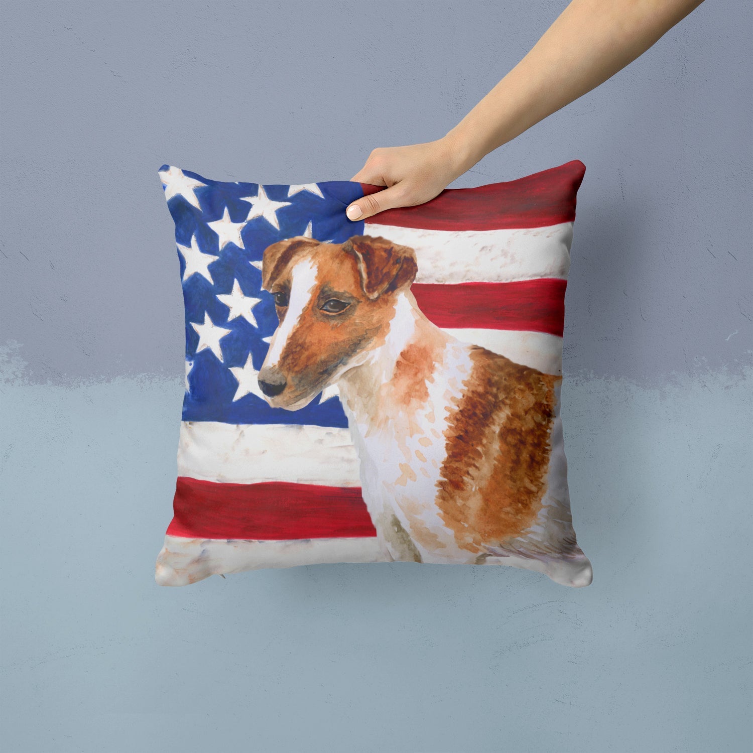 Smooth Fox Terrier Patriotic Decorative Throw Pillow 14x14 Indoor Outdoor Accent Cushion, Fabric Cover with Insert for Sofa, Bed, Porch & Living Room
