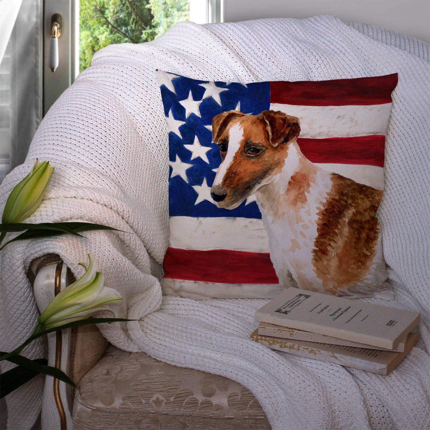 Smooth Fox Terrier Patriotic Decorative Throw Pillow 14x14 Indoor Outdoor Accent Cushion, Fabric Cover with Insert for Sofa, Bed, Porch & Living Room