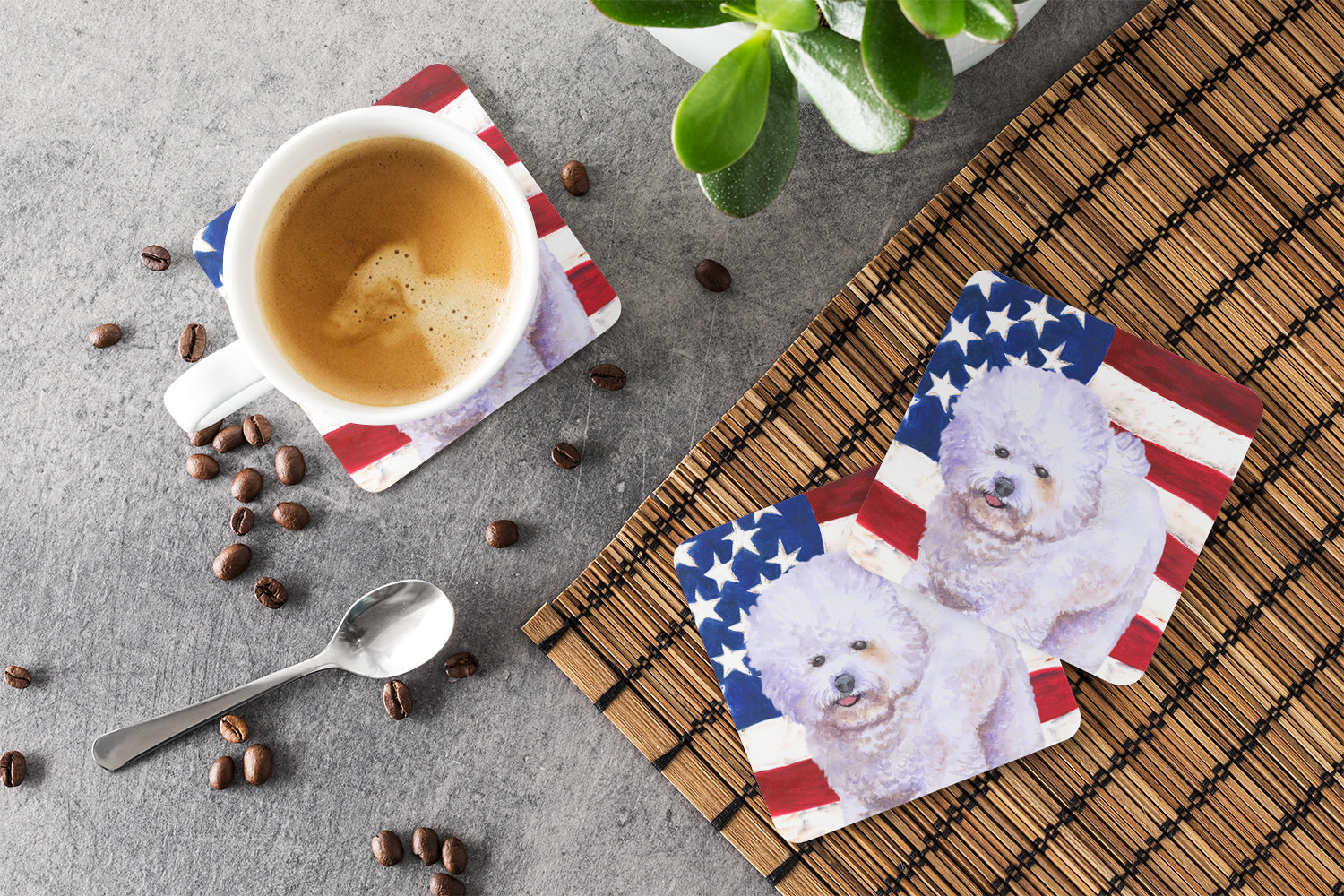 Bichon Frise Patriotic Foam Coasters Set of 4 Cup Coasters for Indoor Outdoor, Tabletop Protection, Anti Slip, Mouse pad Material