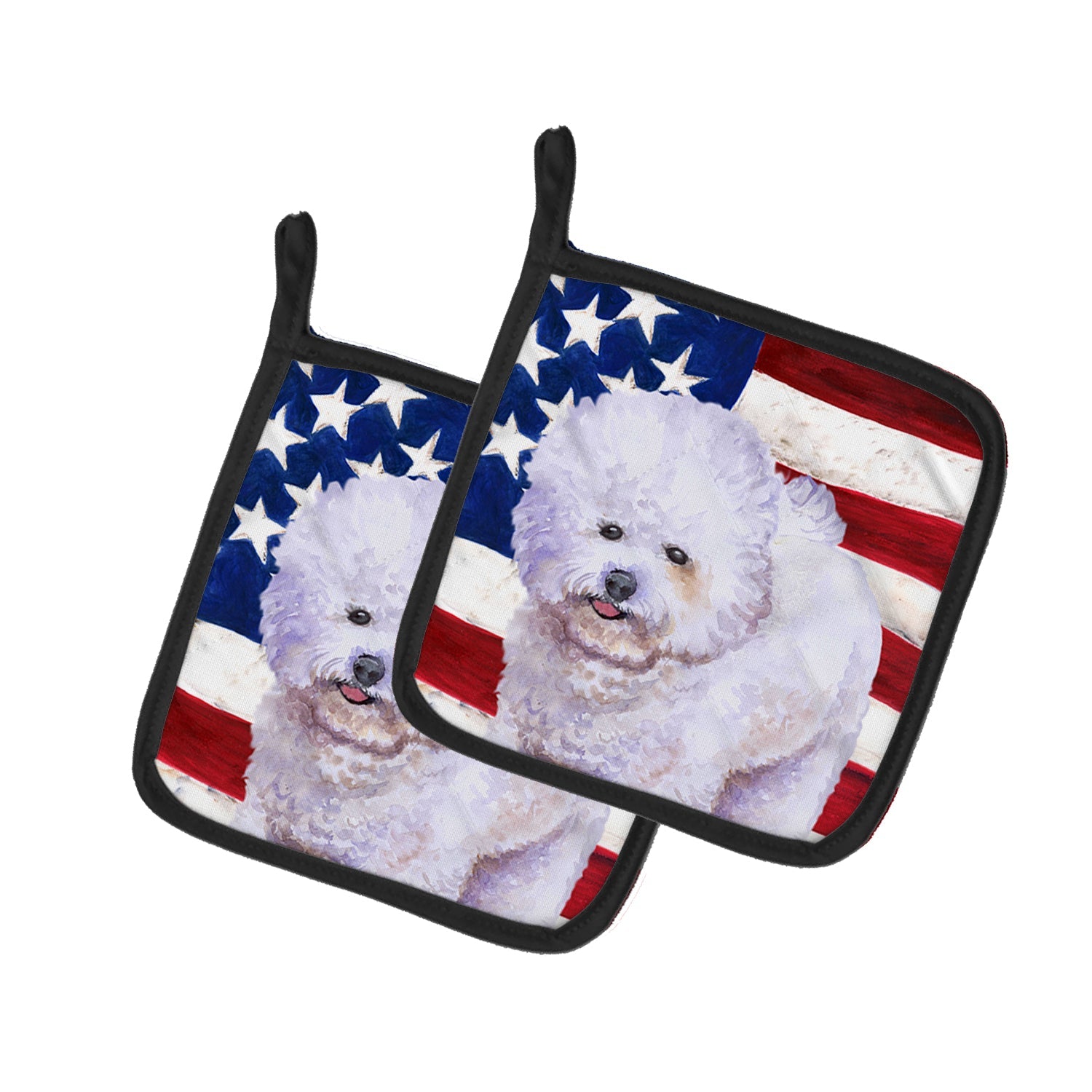 Bichon Frise Patriotic Pot Holder Set of 2 Heat Resistant Quilted Hot Pads 7.5 x 7.5 Inch, Insulated Kitchen Trivets for Cooking & Baking